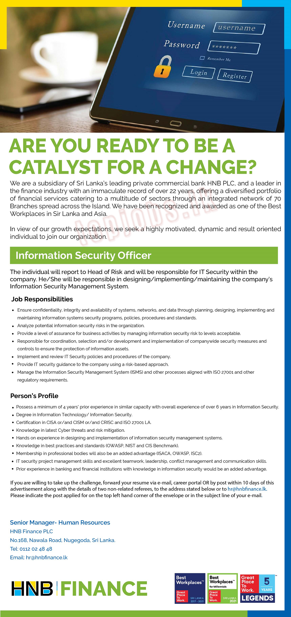 Information Security Officer Vacancy in HNB Finance PLC
