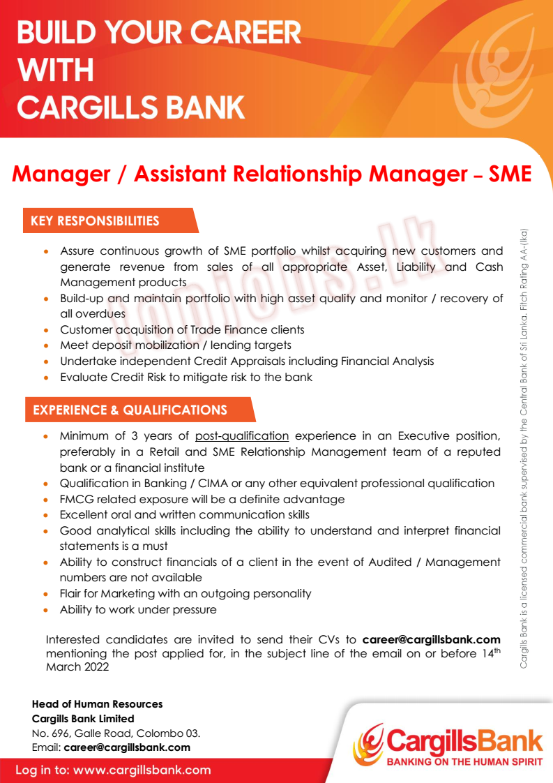 Manager / Assistant Relationship Manager of SME - Cargills Bank