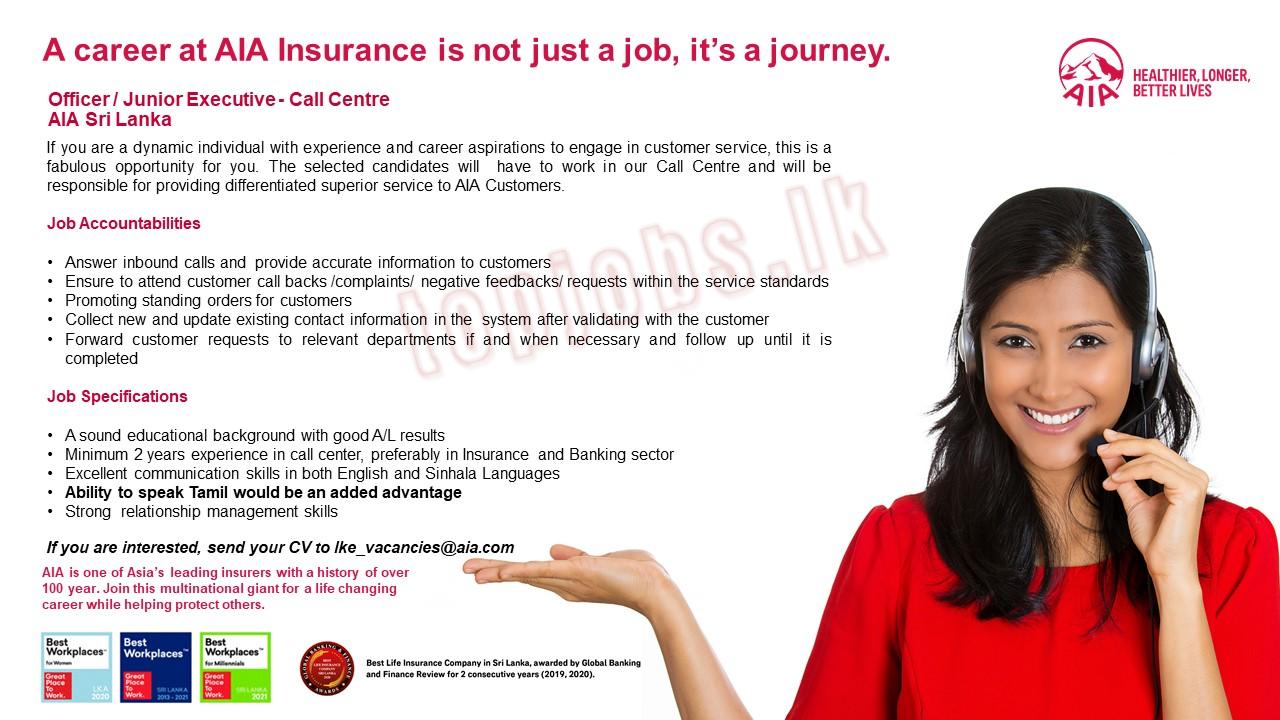 Officer / Junior Executive of Call Centre Vacancy in AIA Insurance