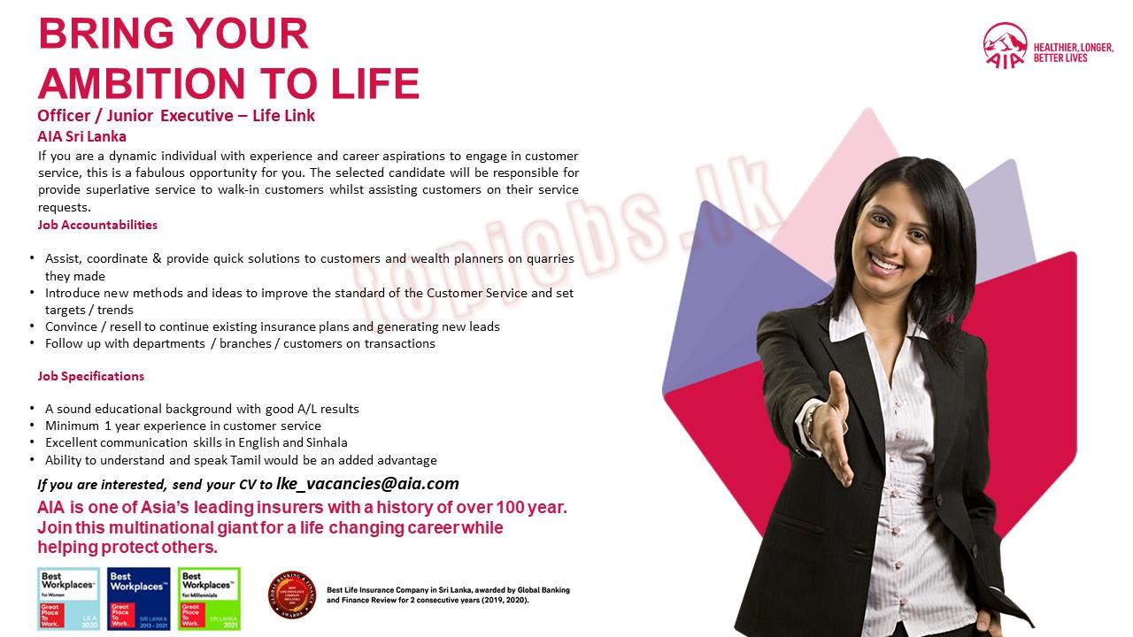 Officer / Junior Executive of Life Link Vacancies in AIA Insurance