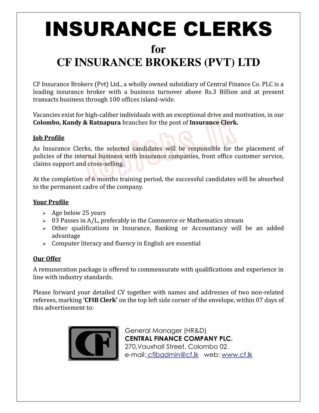 Insurance Clerks Vacancy at CF Insurance Brokers