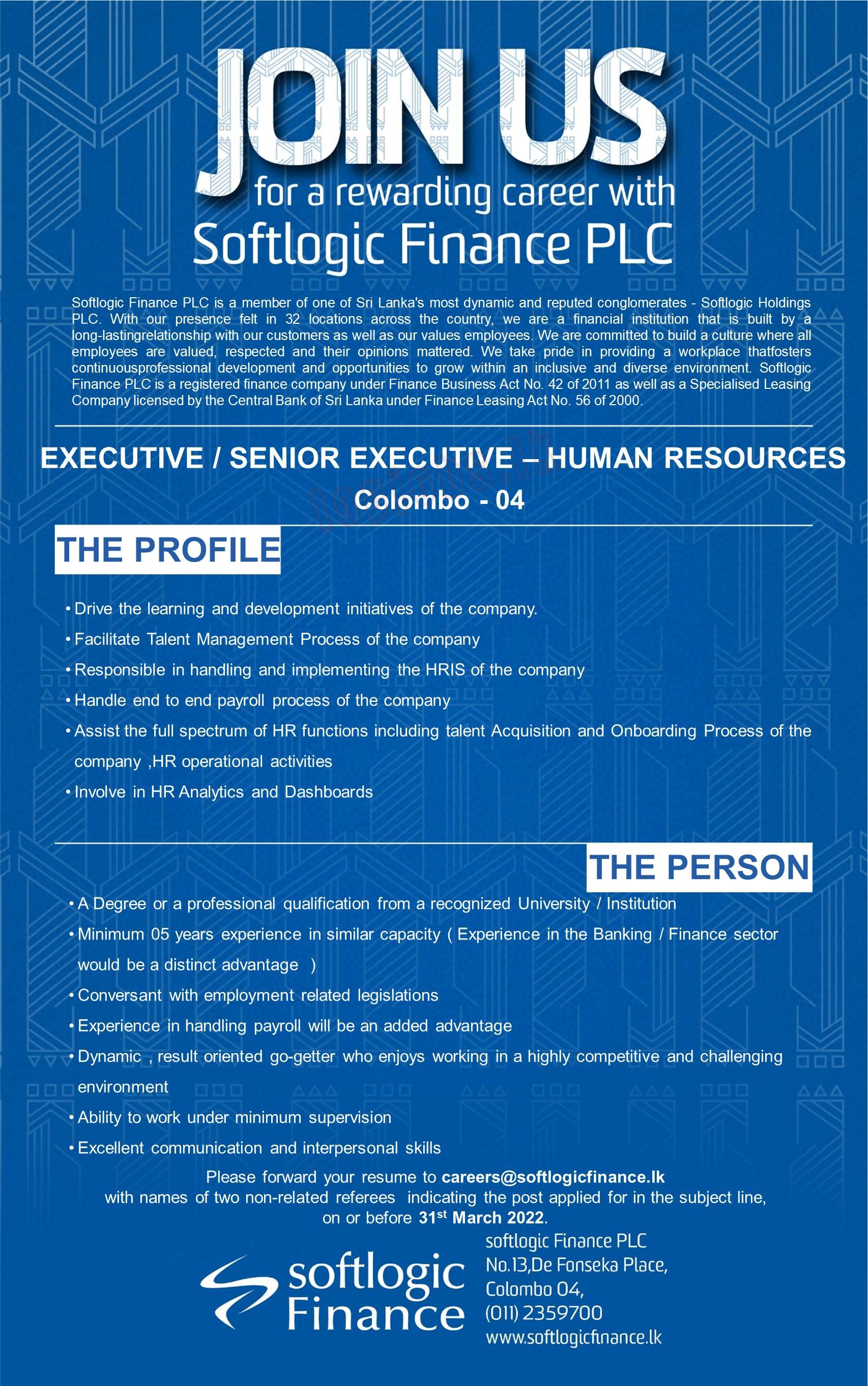 Senior Executive / Executive of HR Vacancies in Softlogic Holdings