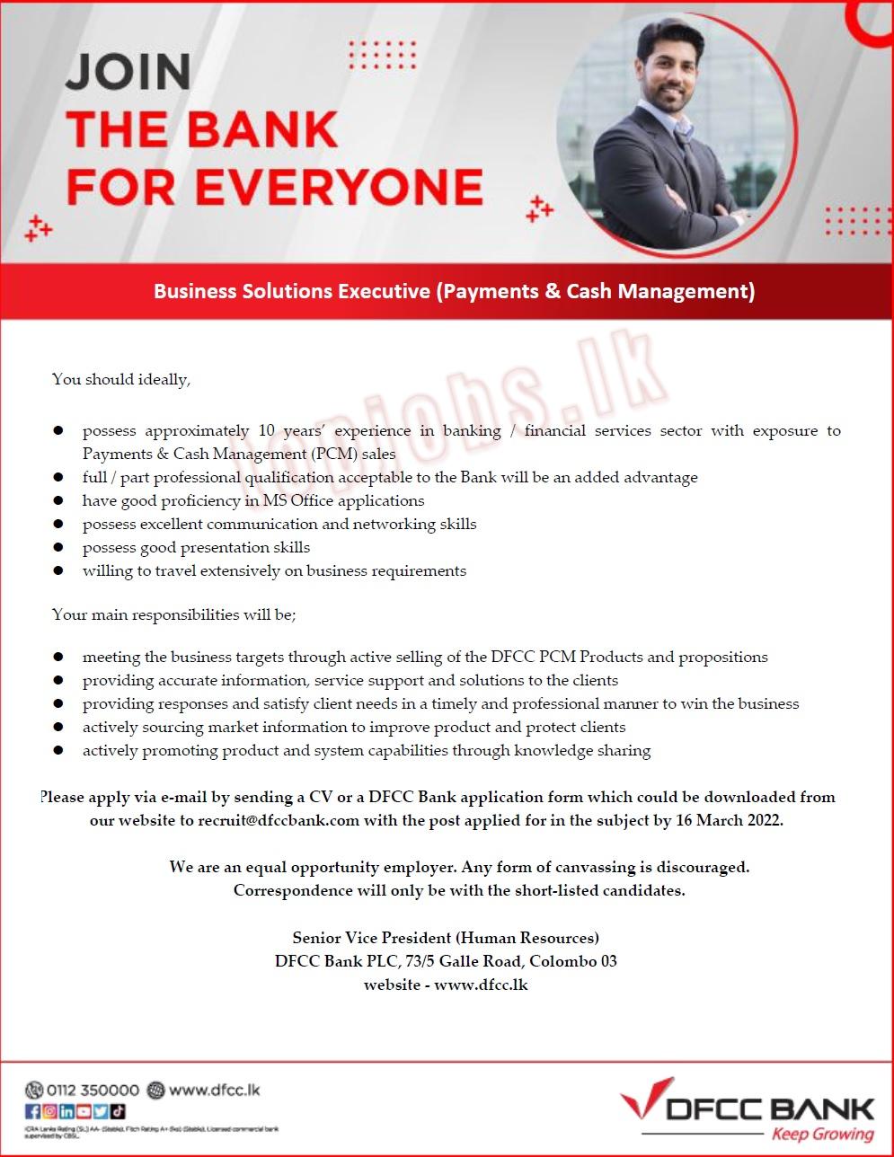 Business Solutions Executive (Payments & Cash Management) - DFCC Bank