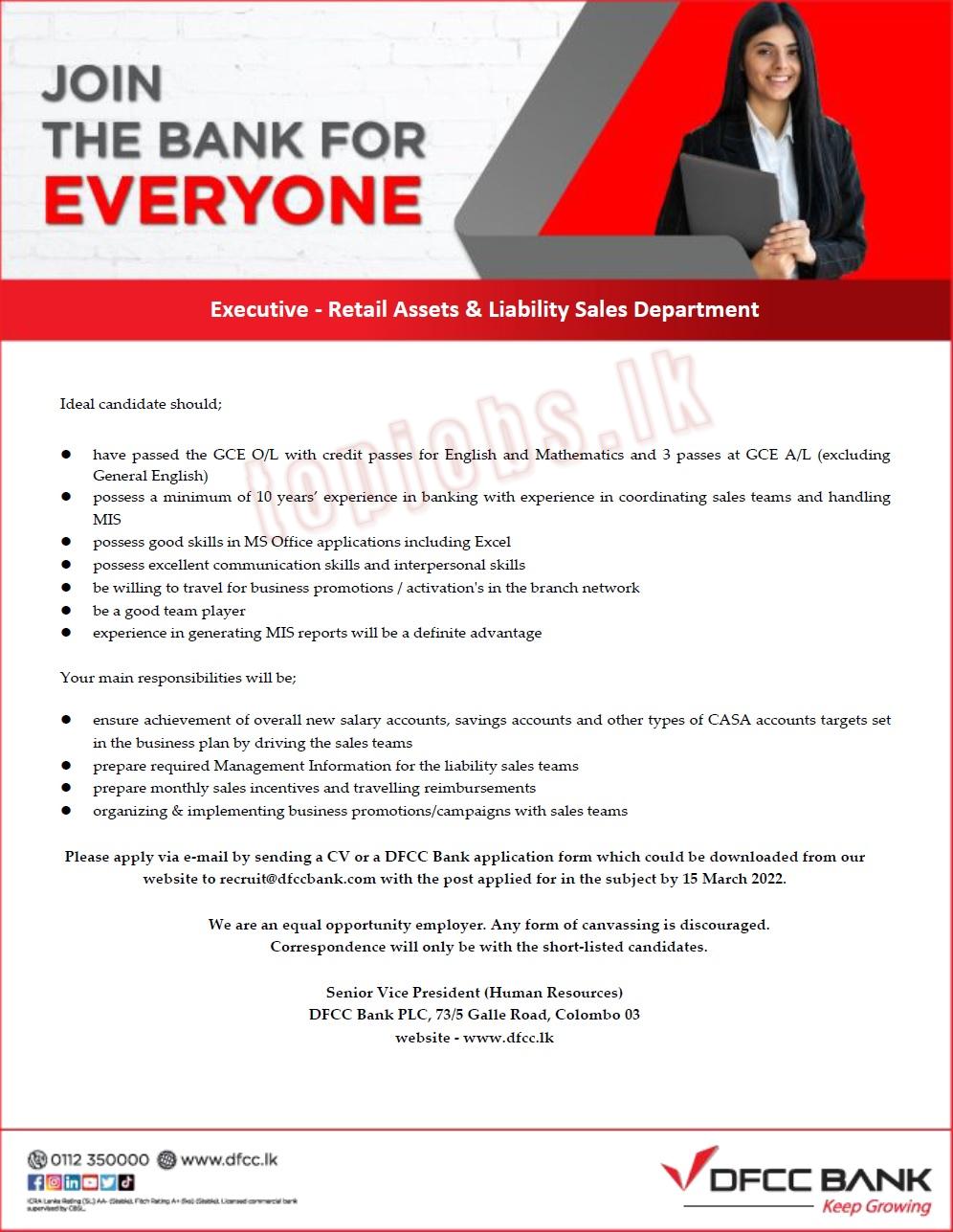 Executive Retail Assets & Liability Sales Department - DFCC Bank