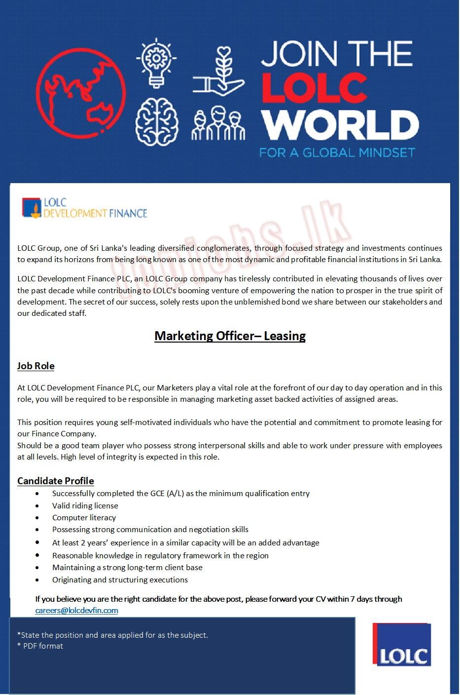 Marketing Officer of Leasing Vacancies in LOLC Development Finance