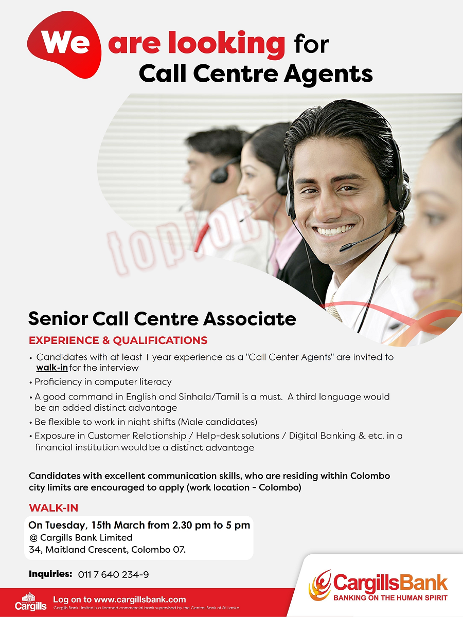 Senior Call Center Associate Vacancies in Cargills Bank Limited