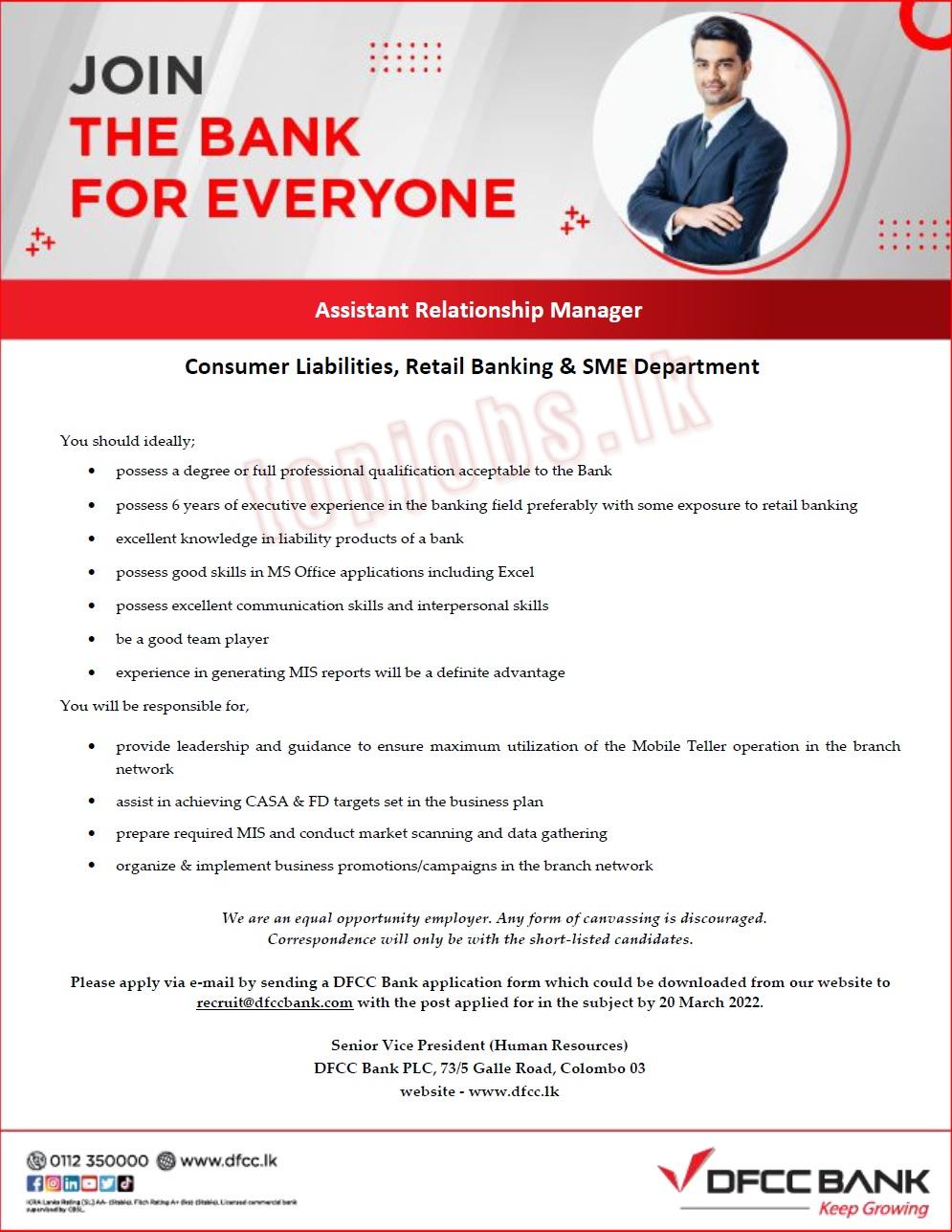 Assistant Relationship Manager of Retail Banking & SME - DFCC Bank