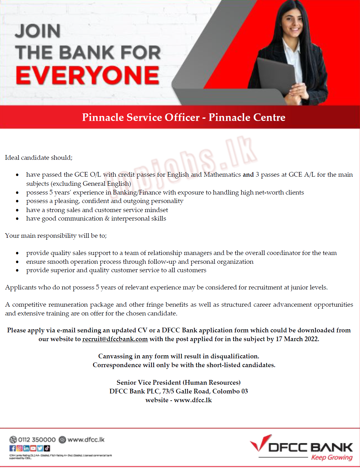 Pinnacle Service Officer Vacancies in DFCC Bank