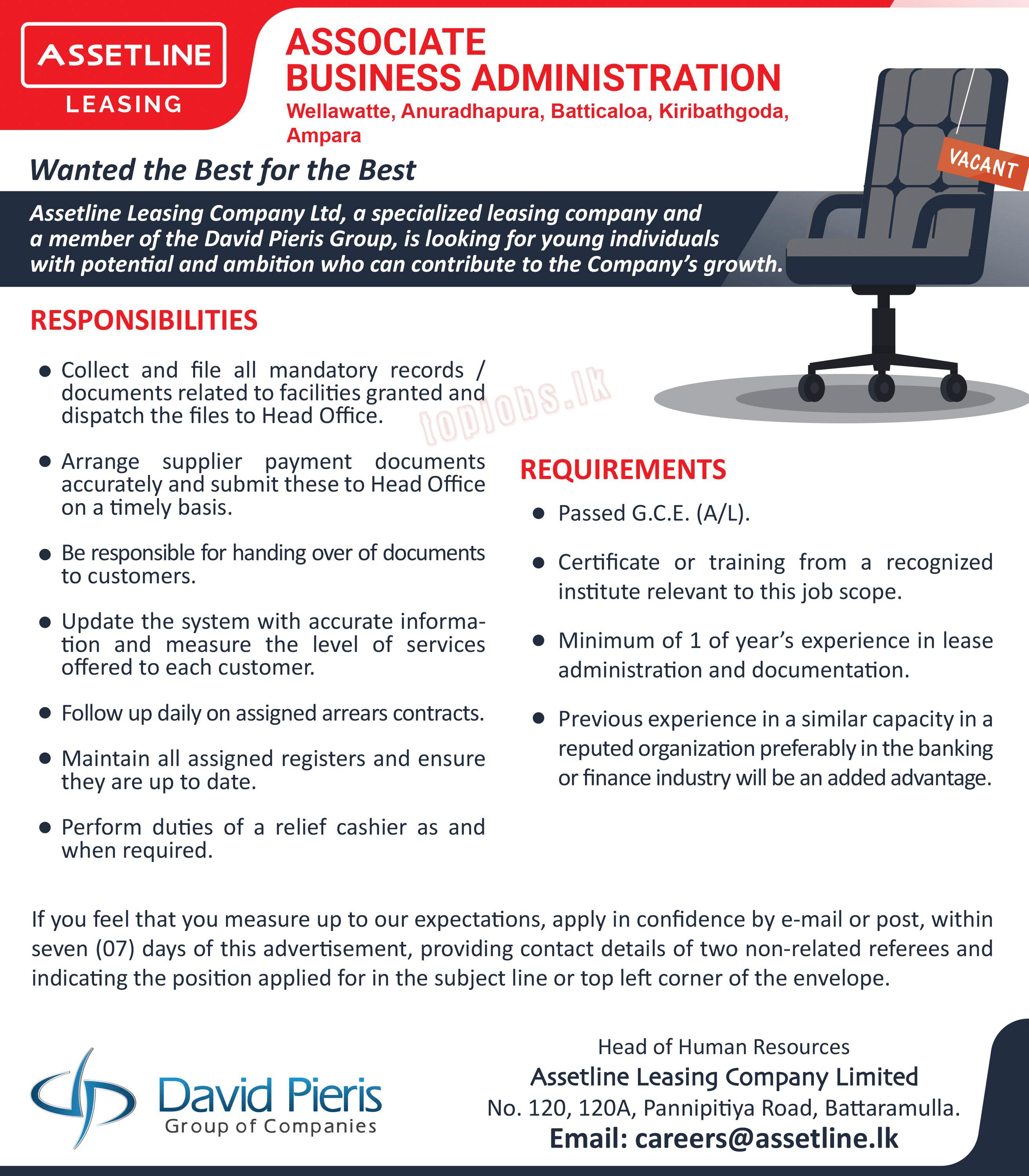 Associate of Business Administration Vacancies in DPMC Assetline