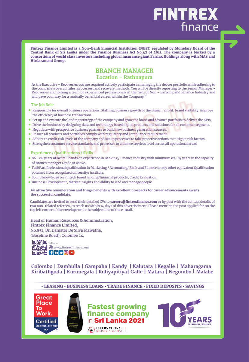 Branch Manager Vacancy in Ratnapura Fintrex Finance (Pvt) Ltd