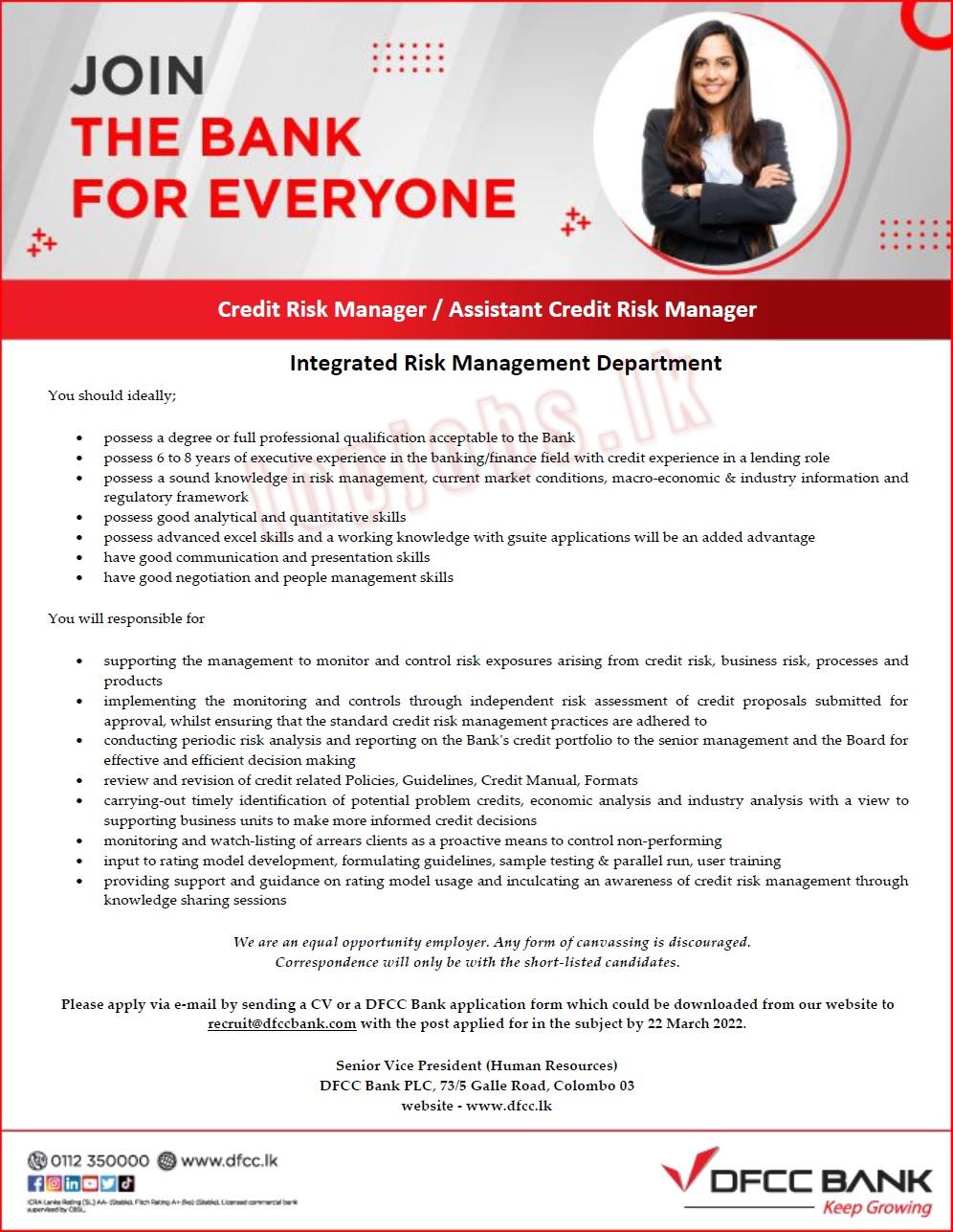 Credit Risk Manager / Assistant Credit Risk Manager - DFCC Bank