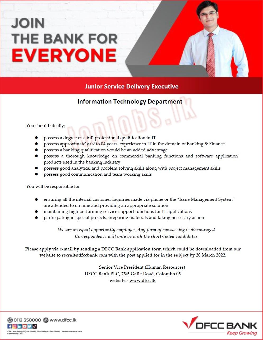 Junior Service Delivery Executive Vacancies in DFCC Bank