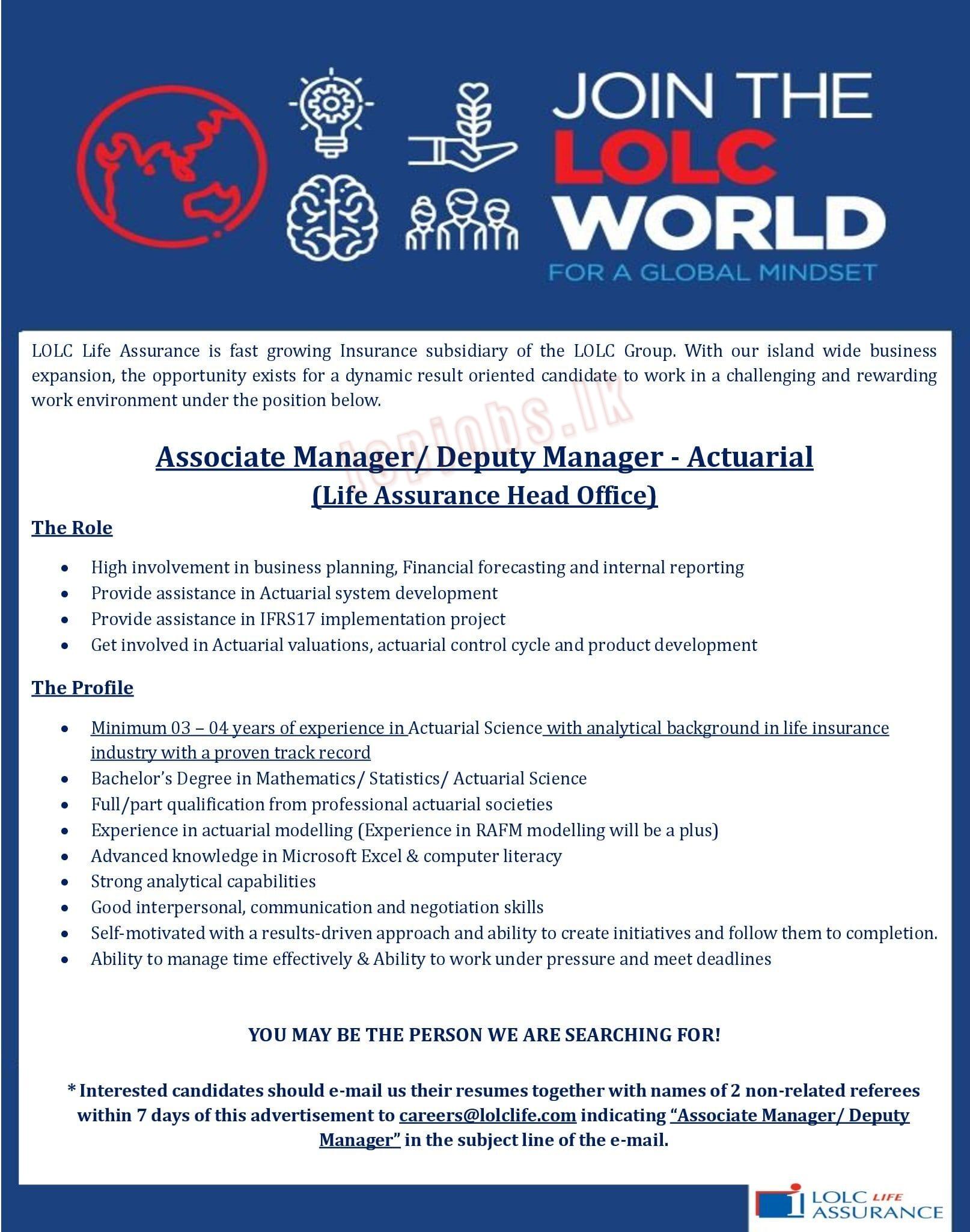 Associate Manager/ Deputy Manager Vacancies in LOLC Holdings