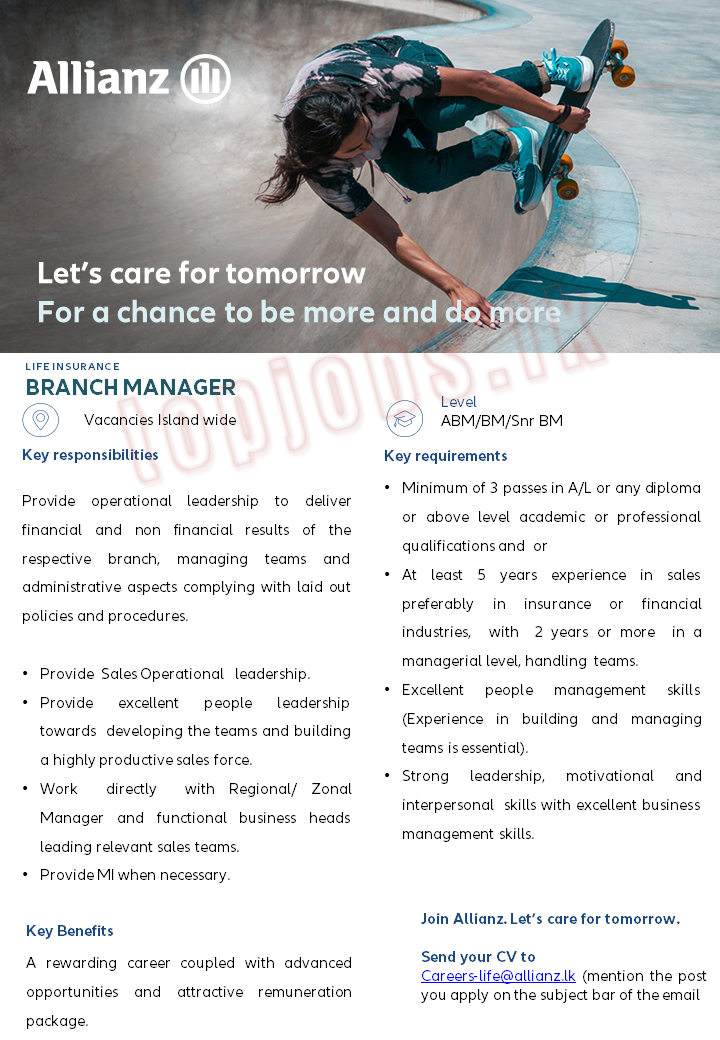 Branch Manager of Life Insurance Vacancies in Allianz Insurance