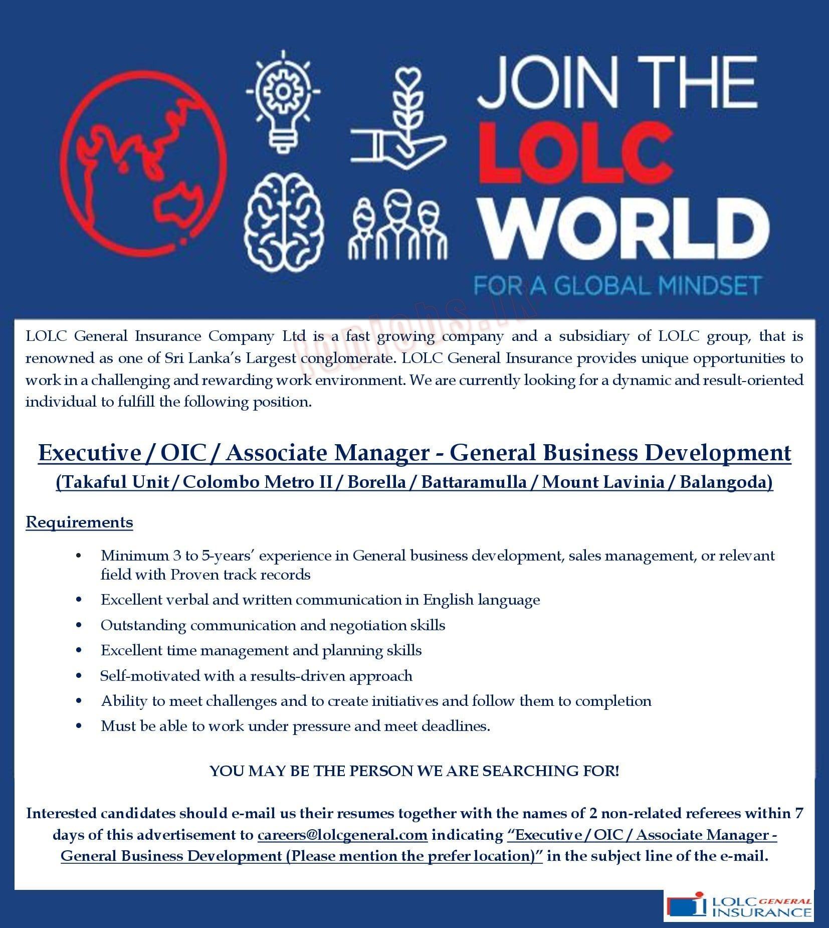 Executive / OIC / Associate Manager Vacancies in LOLC Holdings