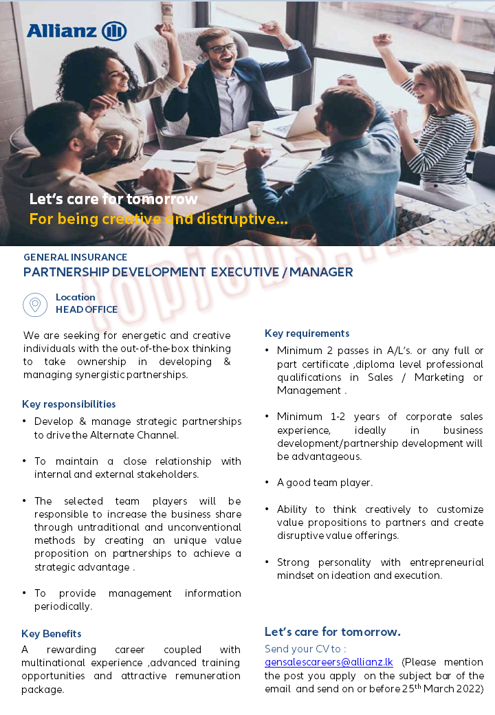 Partnership Development Executive / Manager Vacancies Allianz Insurance