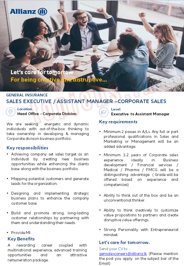 Sales Executive & Assistant Manager Vacancies in Allianz Insurance