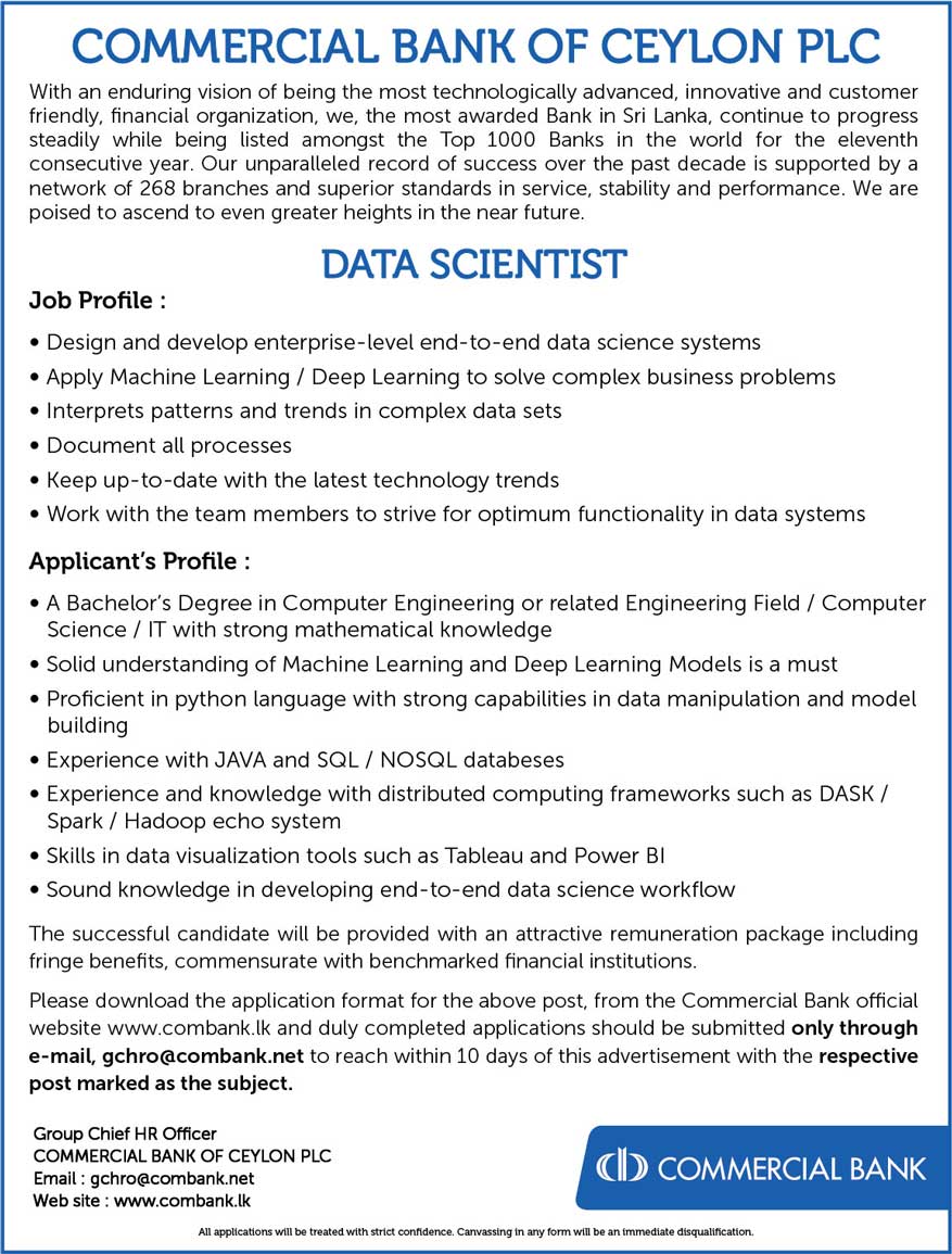 Data Scientist Jobs Vacancies in Commercial Bank