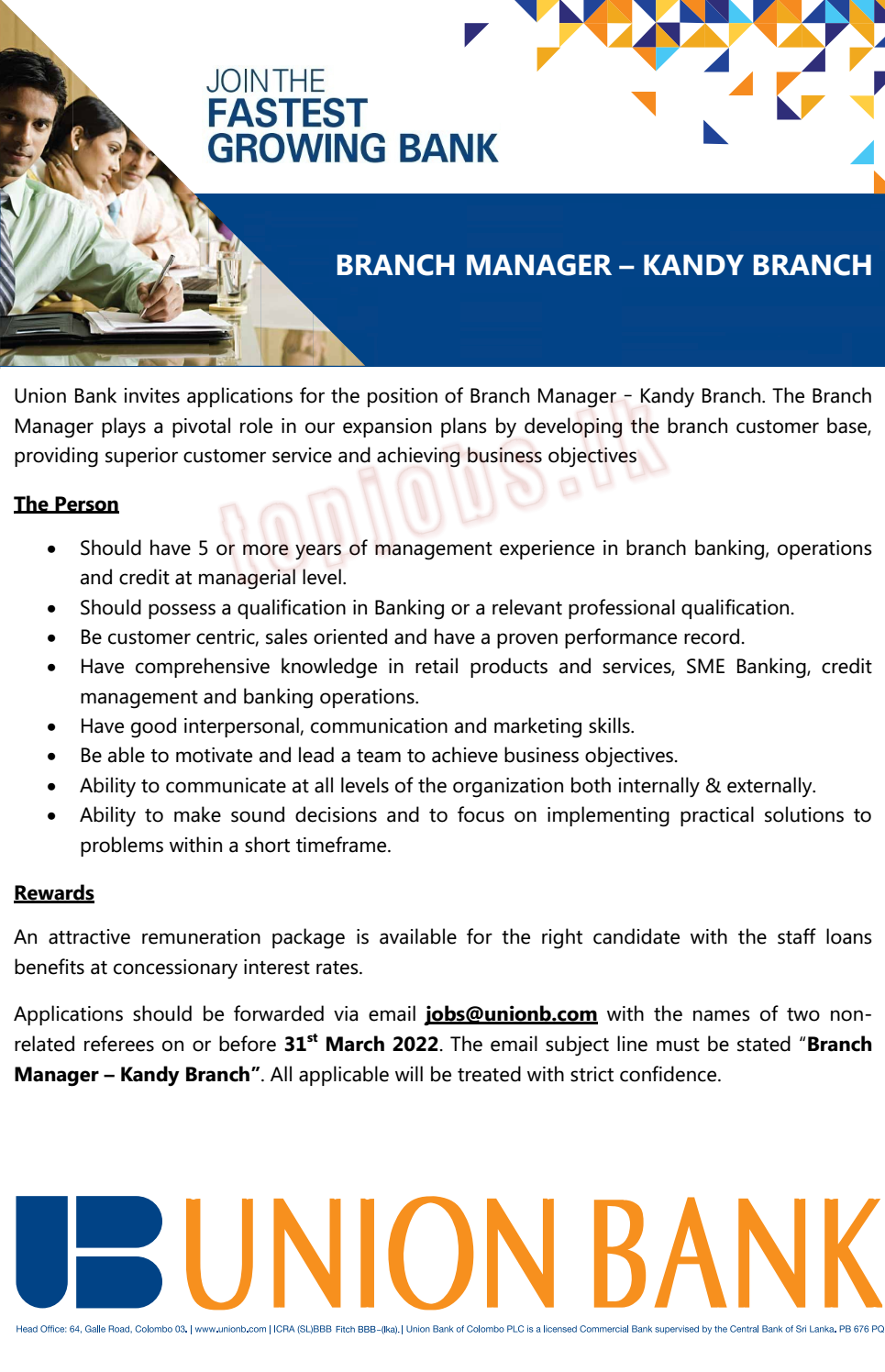 Branch Manager Vacancy in Kandy Branch Union Bank