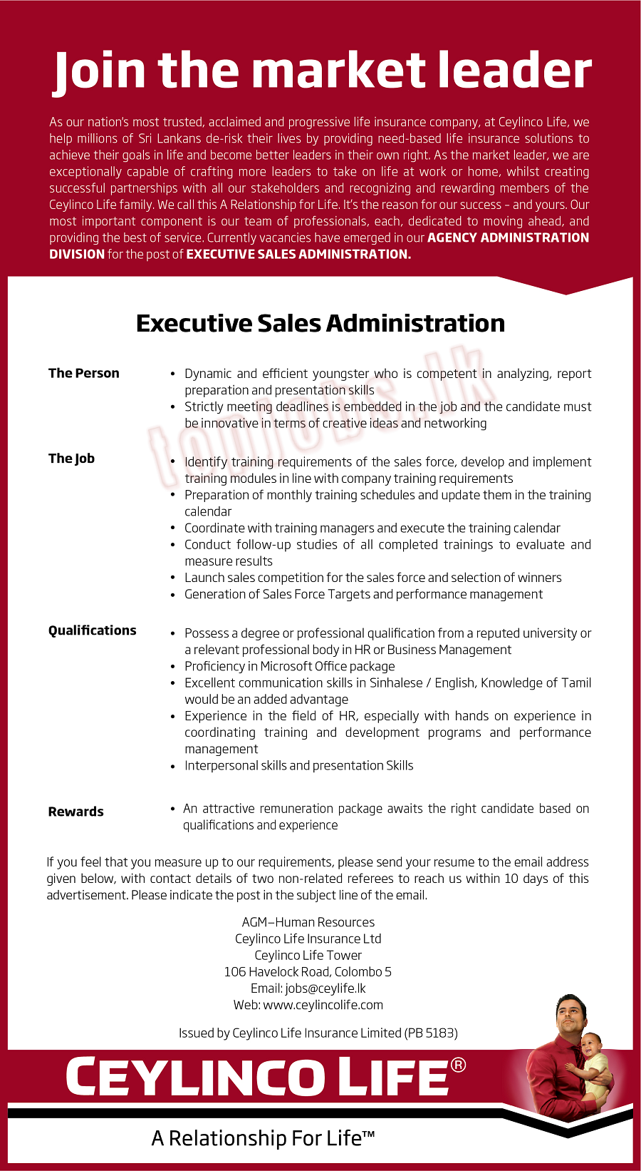Executive of Sales Administration Vacancy in Ceylinco Life Insurance