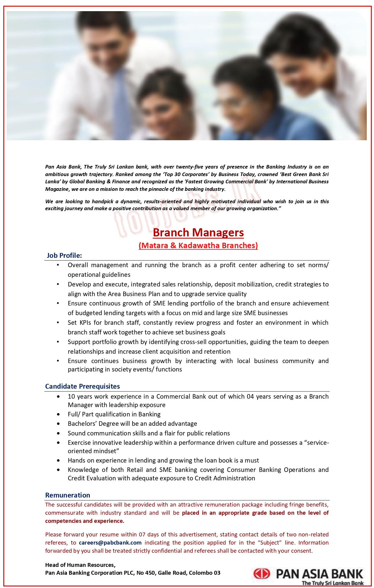 Branch Manager Vacancy at Kadawatha & Matara Pan Asia Bank