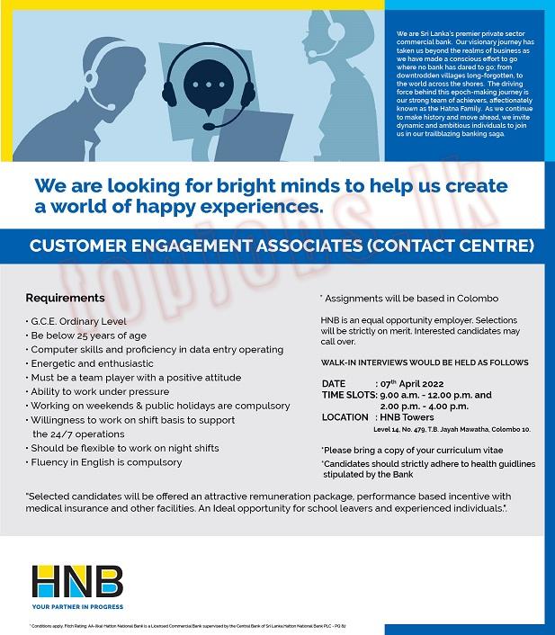 Customer Engagement Associates (Contact Centre) in HNB Bank