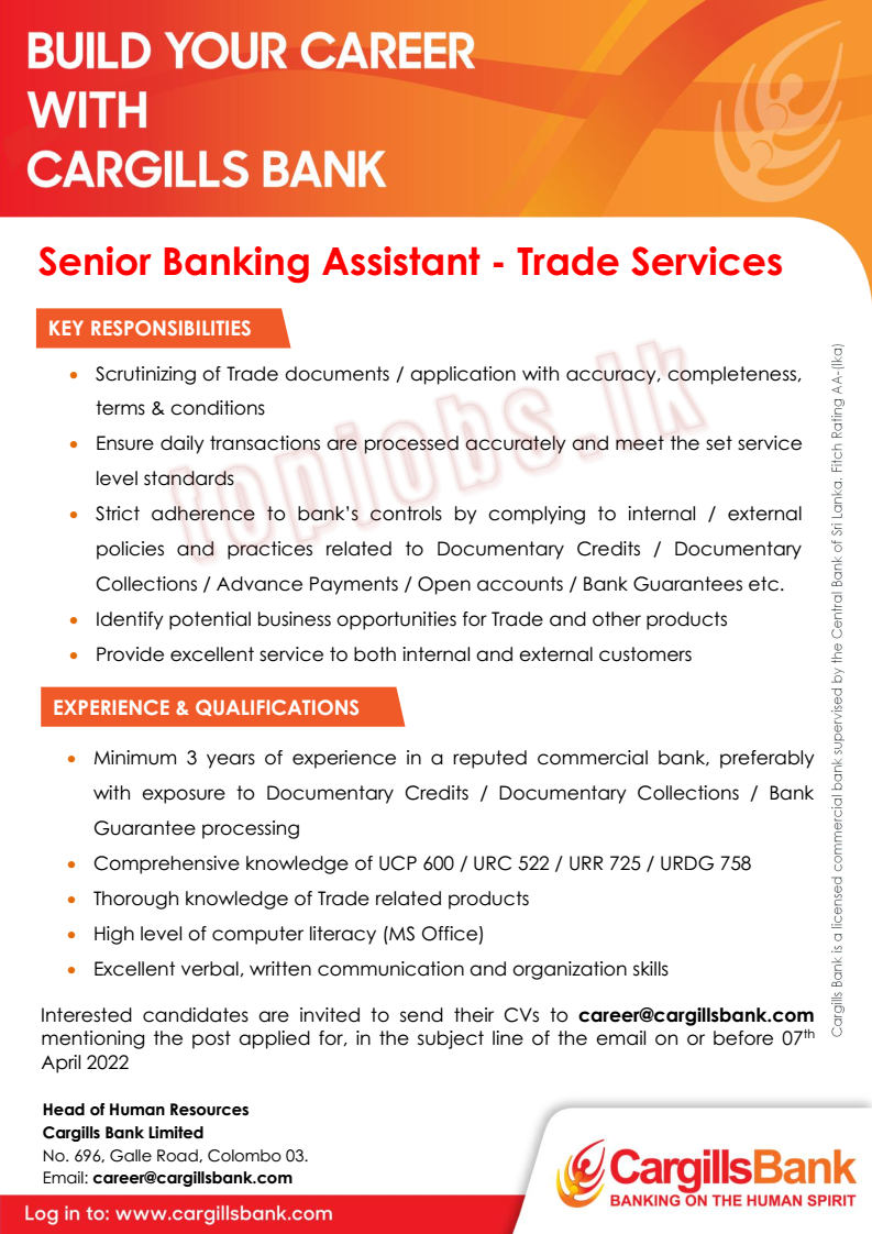 Senior Banking Assistant of Trade Services Vacancy in Cargills Bank