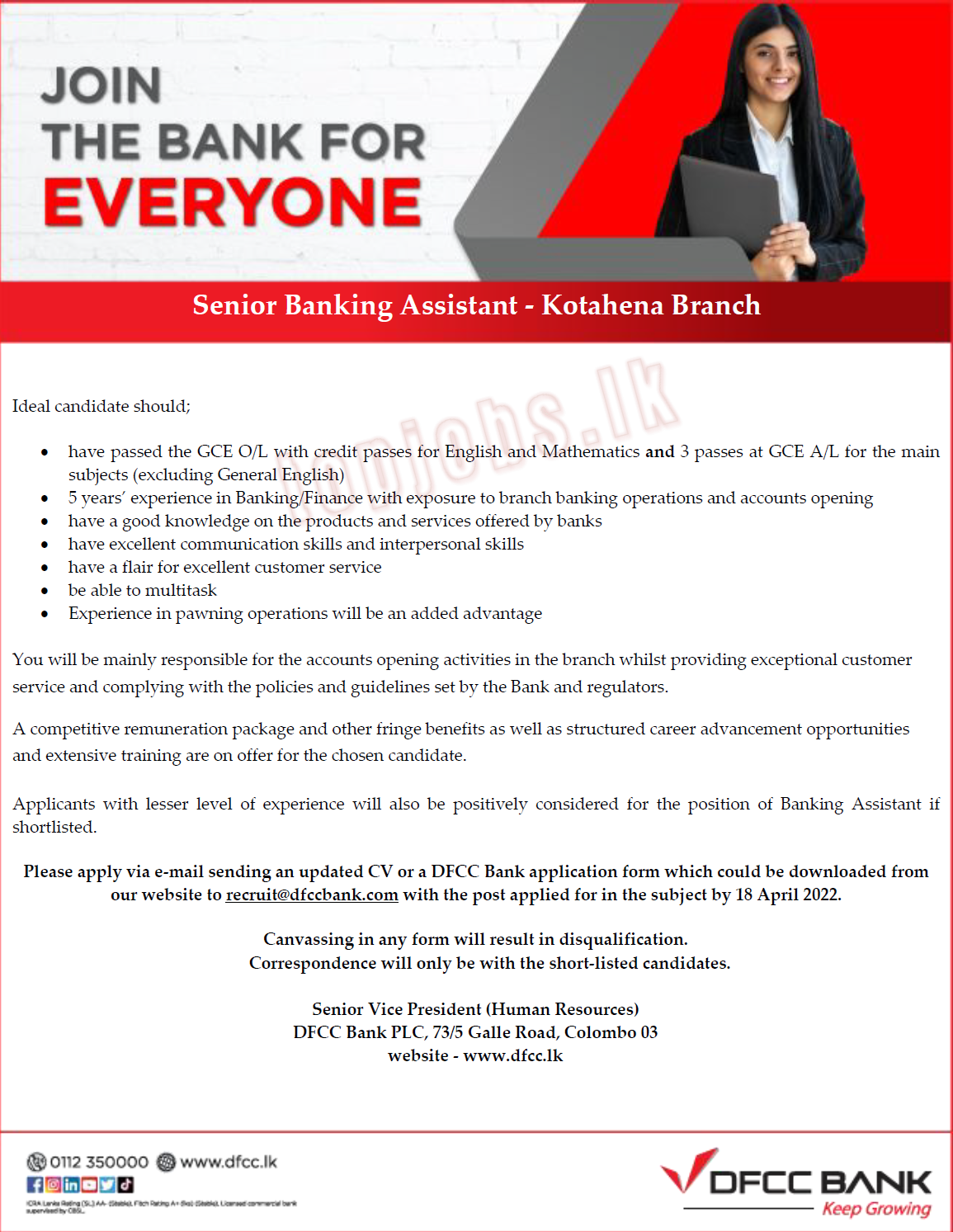 DFCC Bank Kotahena Branch Senior Banking Assistant Vacancy 2022