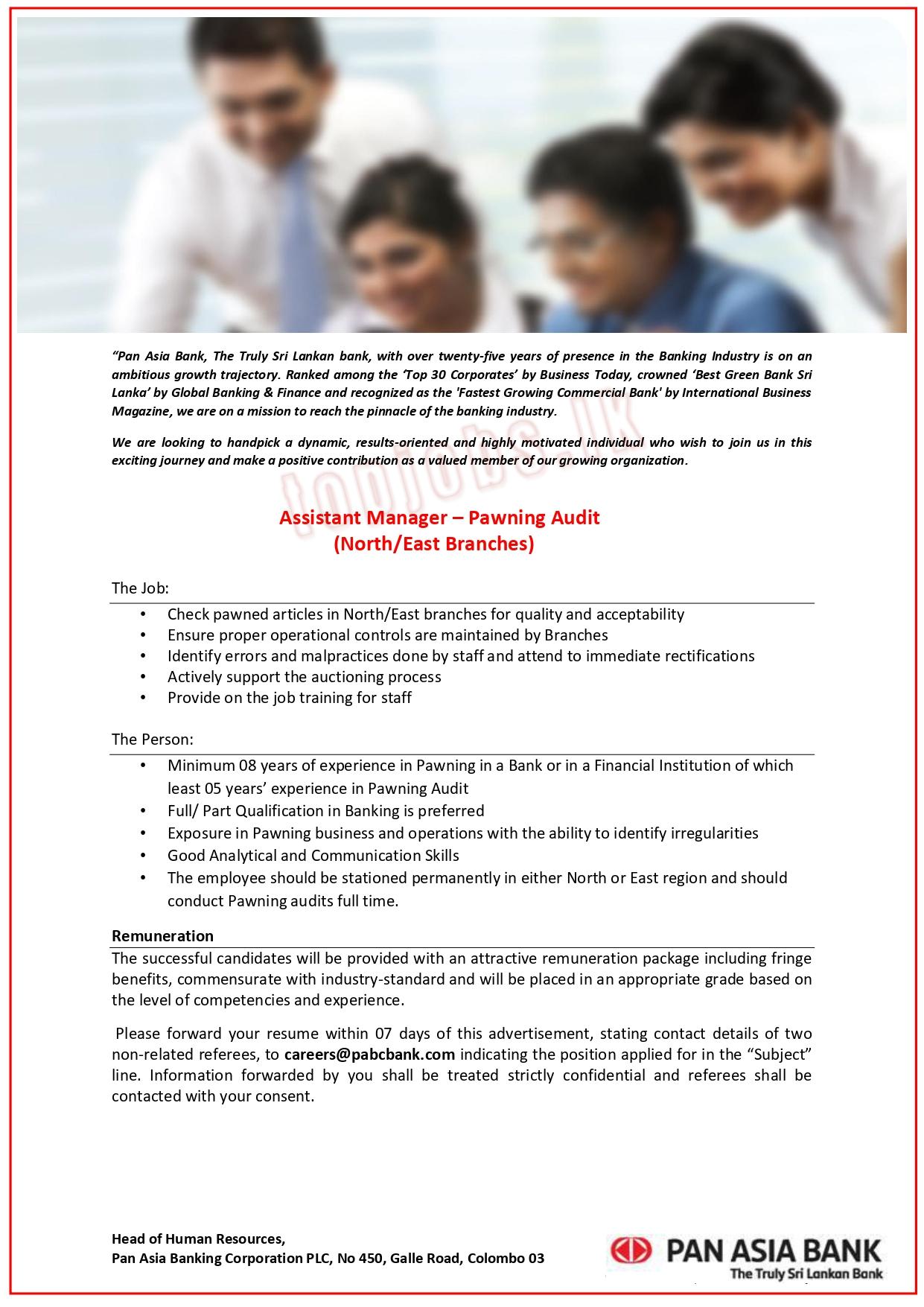 Pan Asia Bank Vacancies 2022 for Assistant Manager Pawning Audit