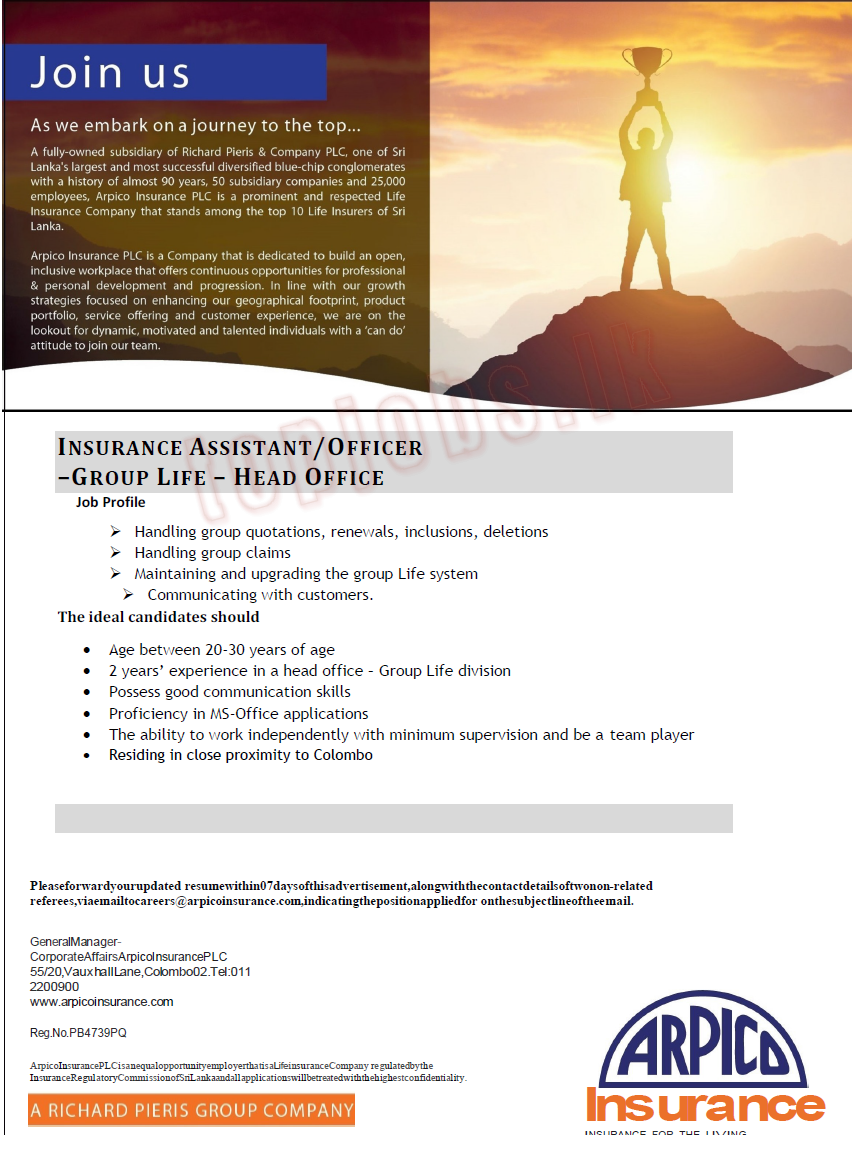 Arpico Insurance Jobs 2022 for Insurance Assistant / Officer