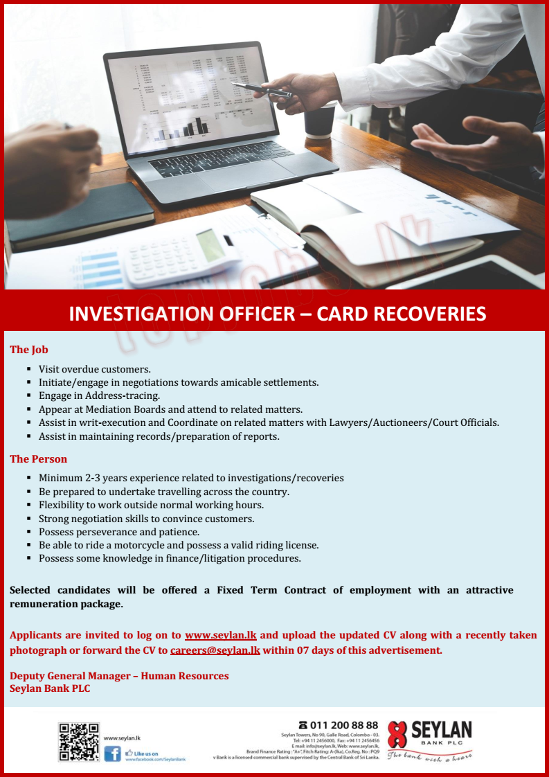 Seylan Bank Vacancies 2022 for Investigation Officer of Card Recoveries