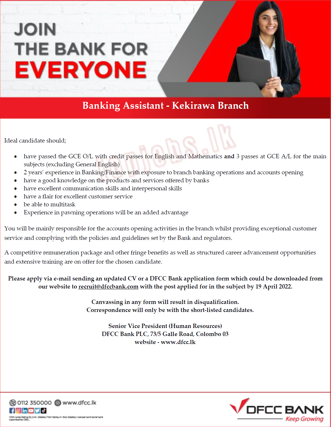 DFCC Bank Banking Assistant Vacancy in Kekirawa Branch