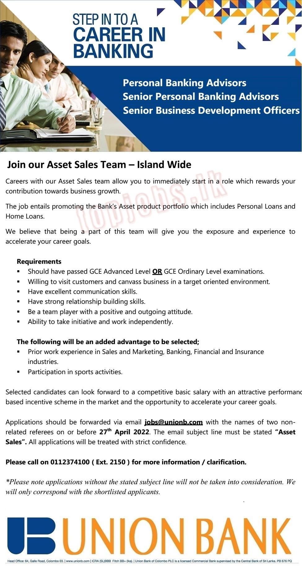 Union Bank Asset Sales Team Vacancies 2022 Island Wide