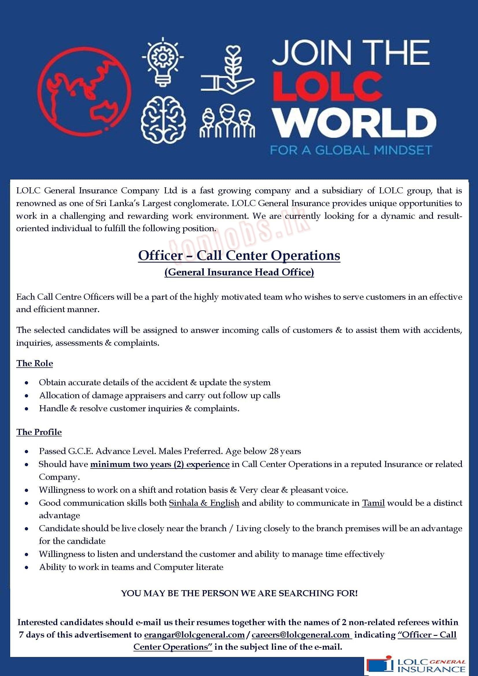 LOLC Holdings PLC Officer of Call Center Operations Vacancies