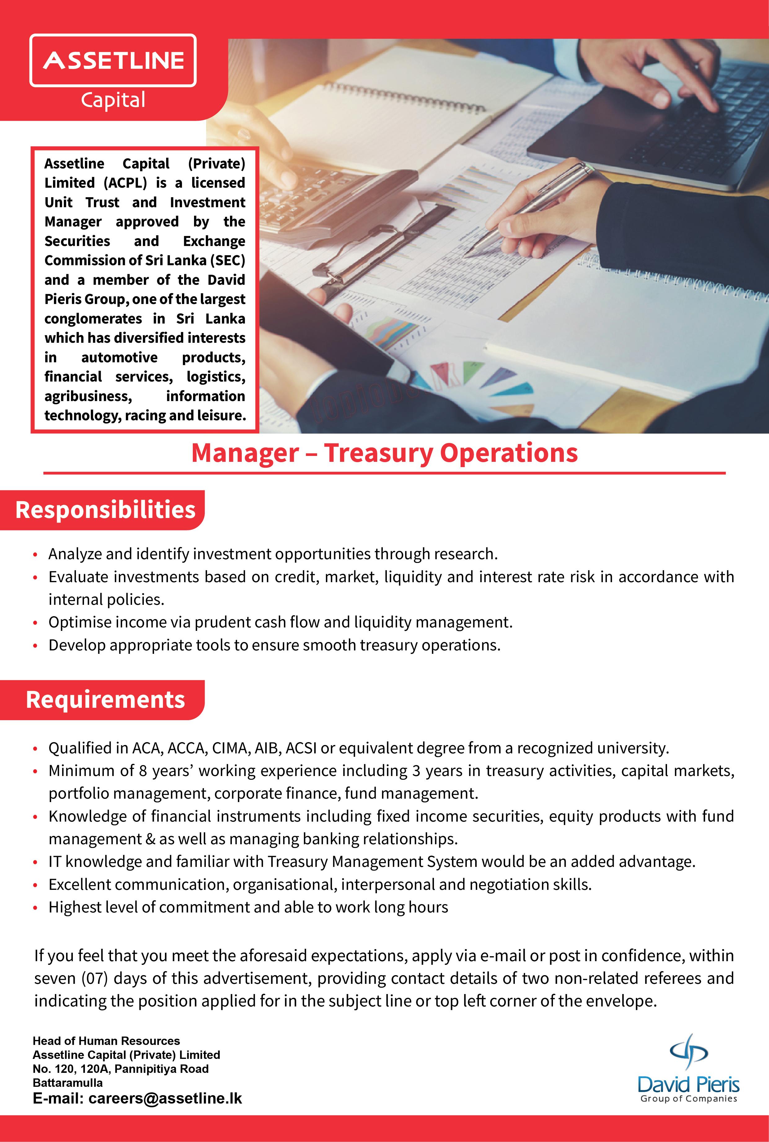 DPMC Assetline Treasury Operations Manager Vacancy