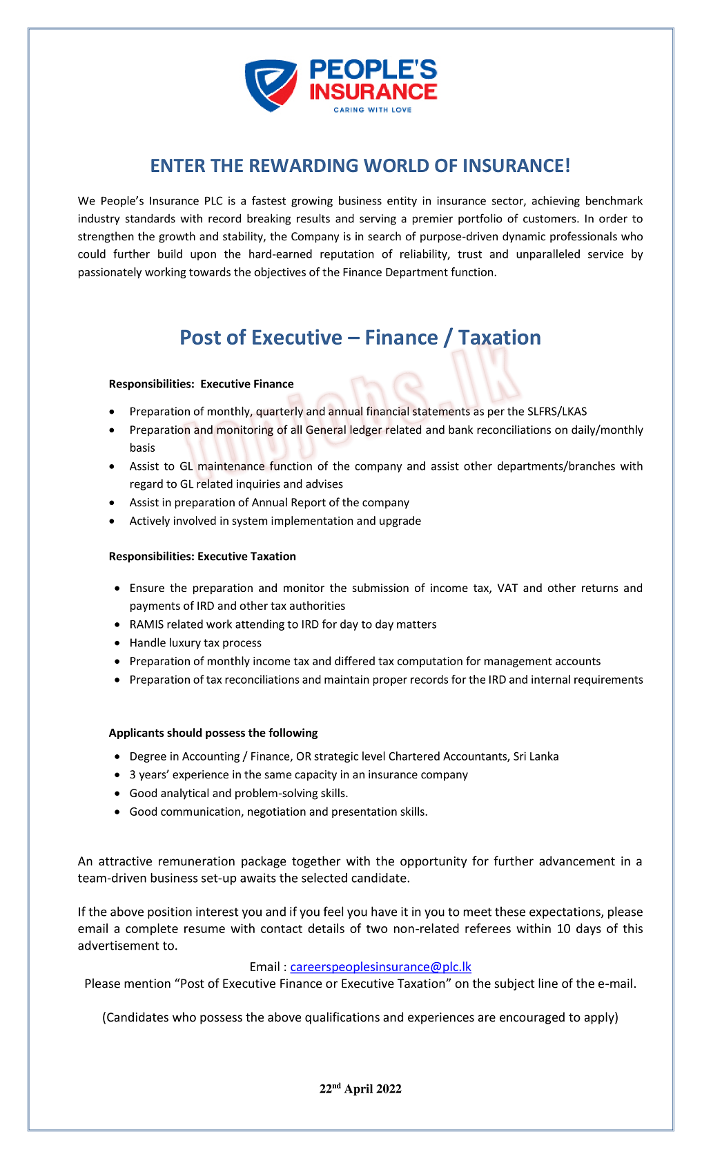 People's Insurance Vacancy for Executive of Finance and Taxation