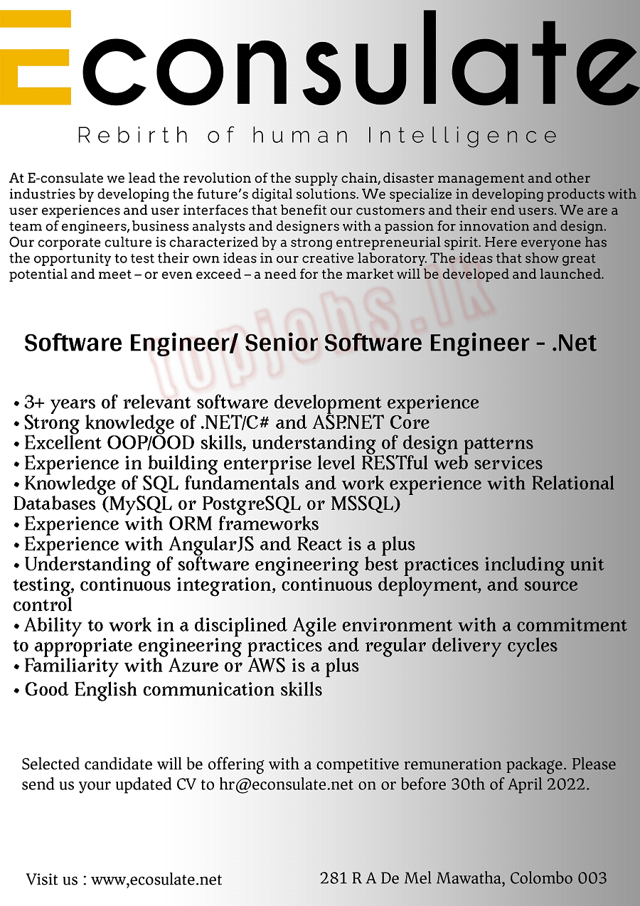 Software Engineer for .Net at Econsulate (Pvt) Ltd