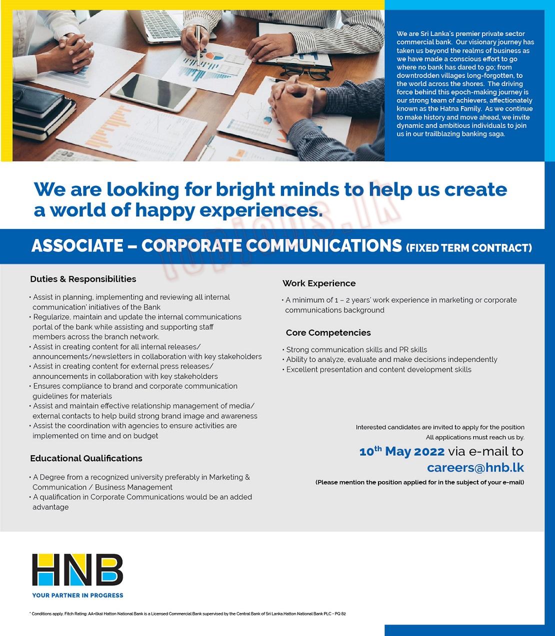 Hatton National Bank Vacancies 2022 for Associate of Corporate Communications