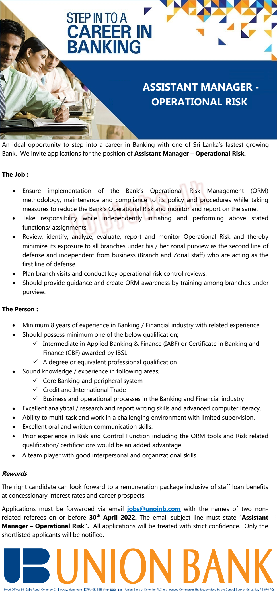 Union Bank Vacancy for Assistant Manager of Operational Risk