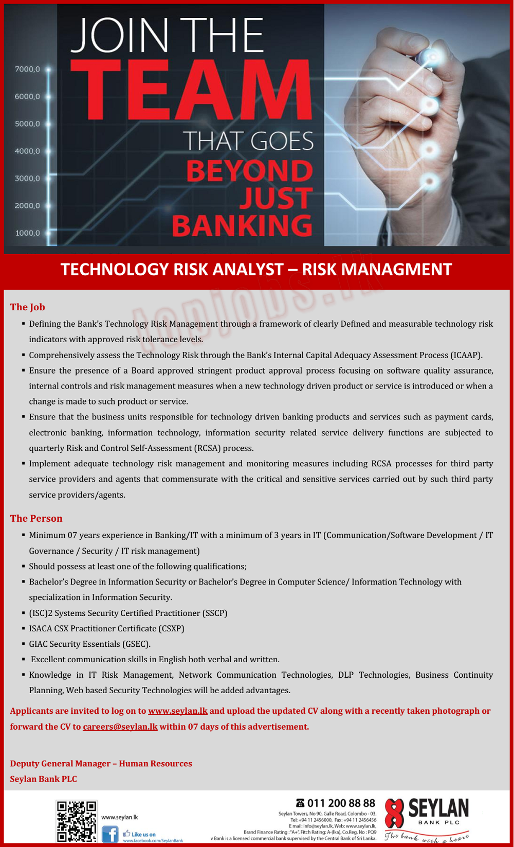 Seylan Bank Vacancies 2022 for Technology Risk Analyst