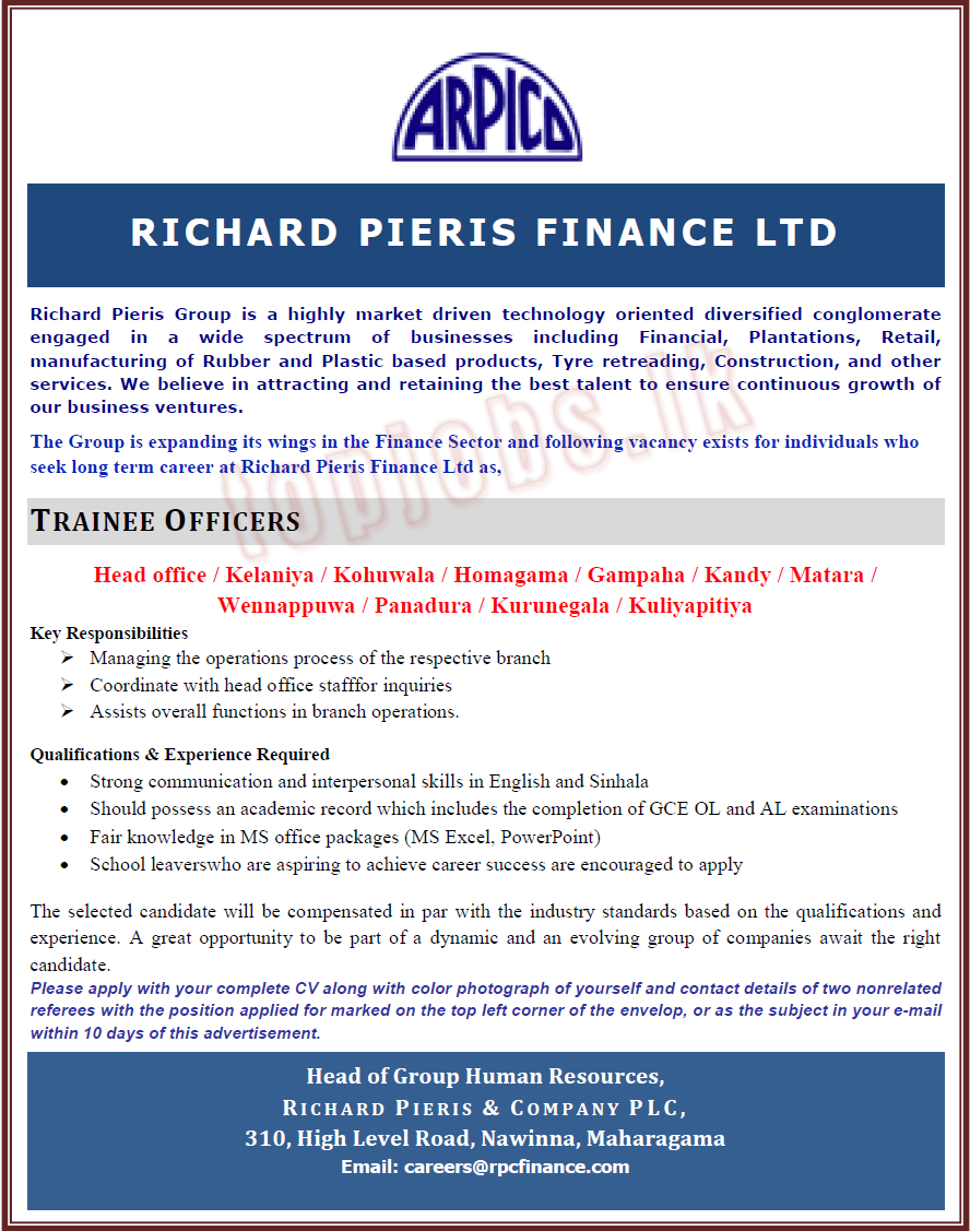 Trainee Officer Vacancy at Richard Pieris & Company