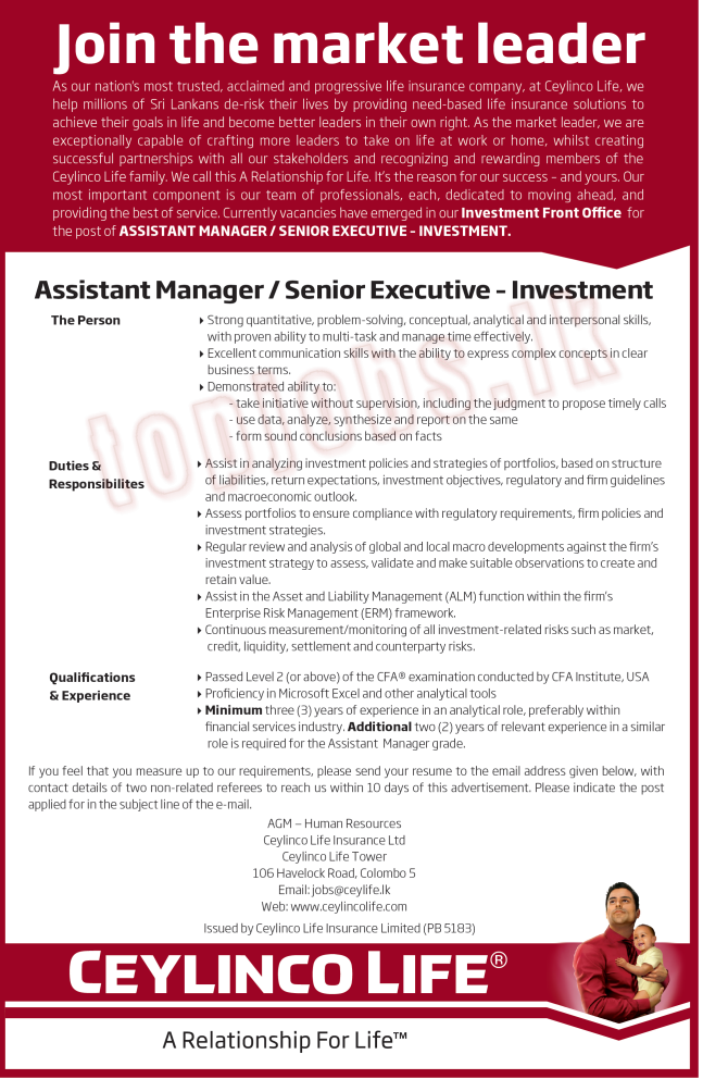 Assistant Manager / Senior Executive Vacancies in Ceylinco Life Insurance