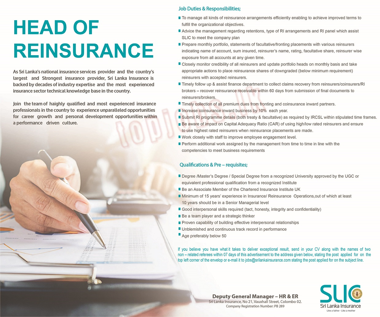 ​Sri Lanka Insurance Vacancies 2022 for Head of Reinsurance