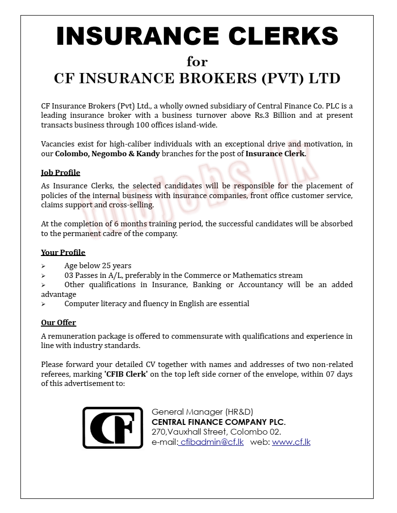 Central Finance Vacancies 2022 for Insurance Clerks