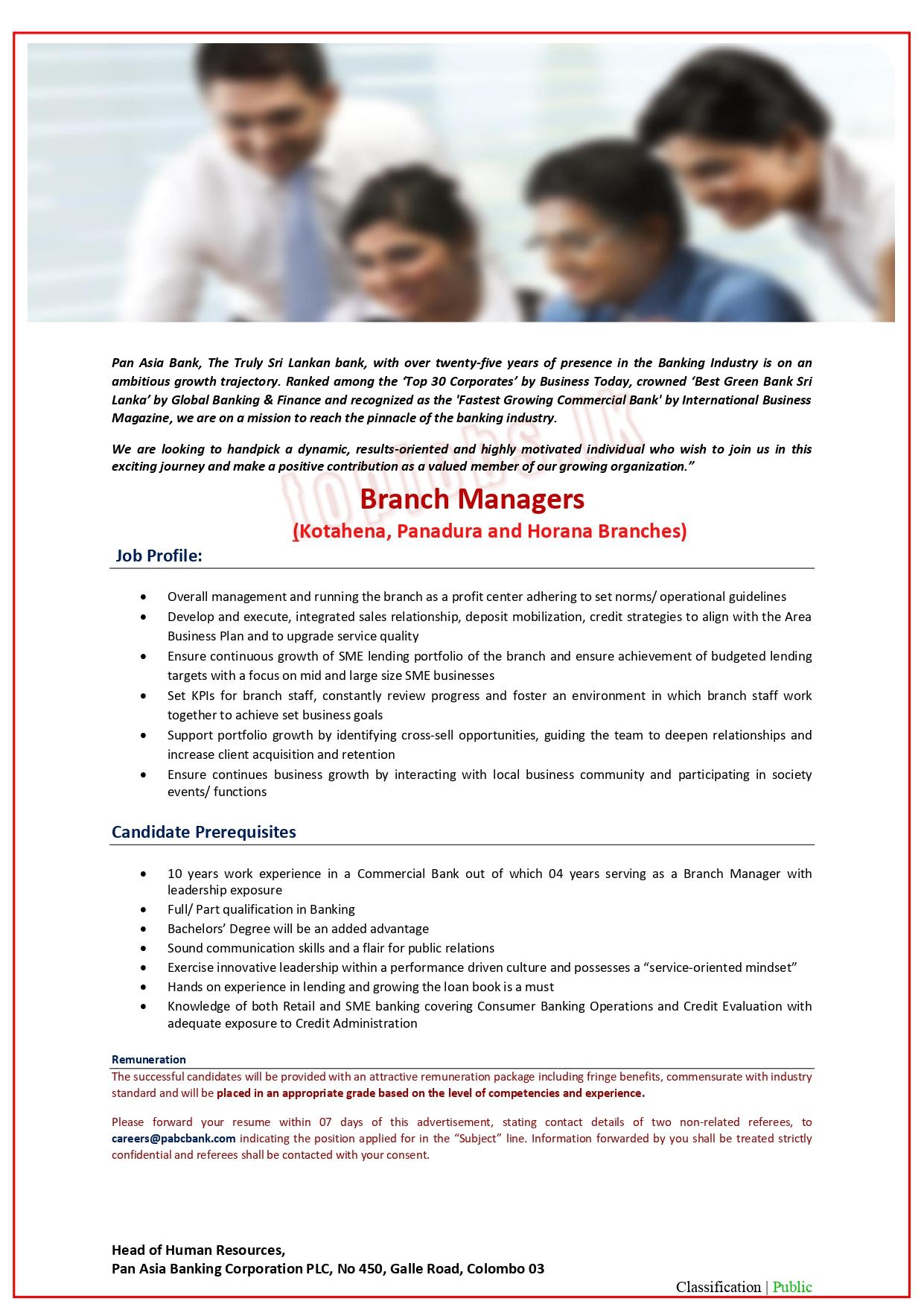 Pan Asia Bank Kotahena Branch Manager Vacancies 2022