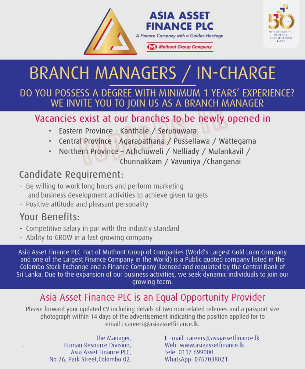 Asia Asset Finance Jobs Vacancies 2022 for Branch Managers / In-Charge