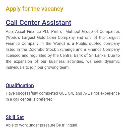 Call Center Assistant Vacancies 2022 - Asia Asset Finance Jobs Vacancies