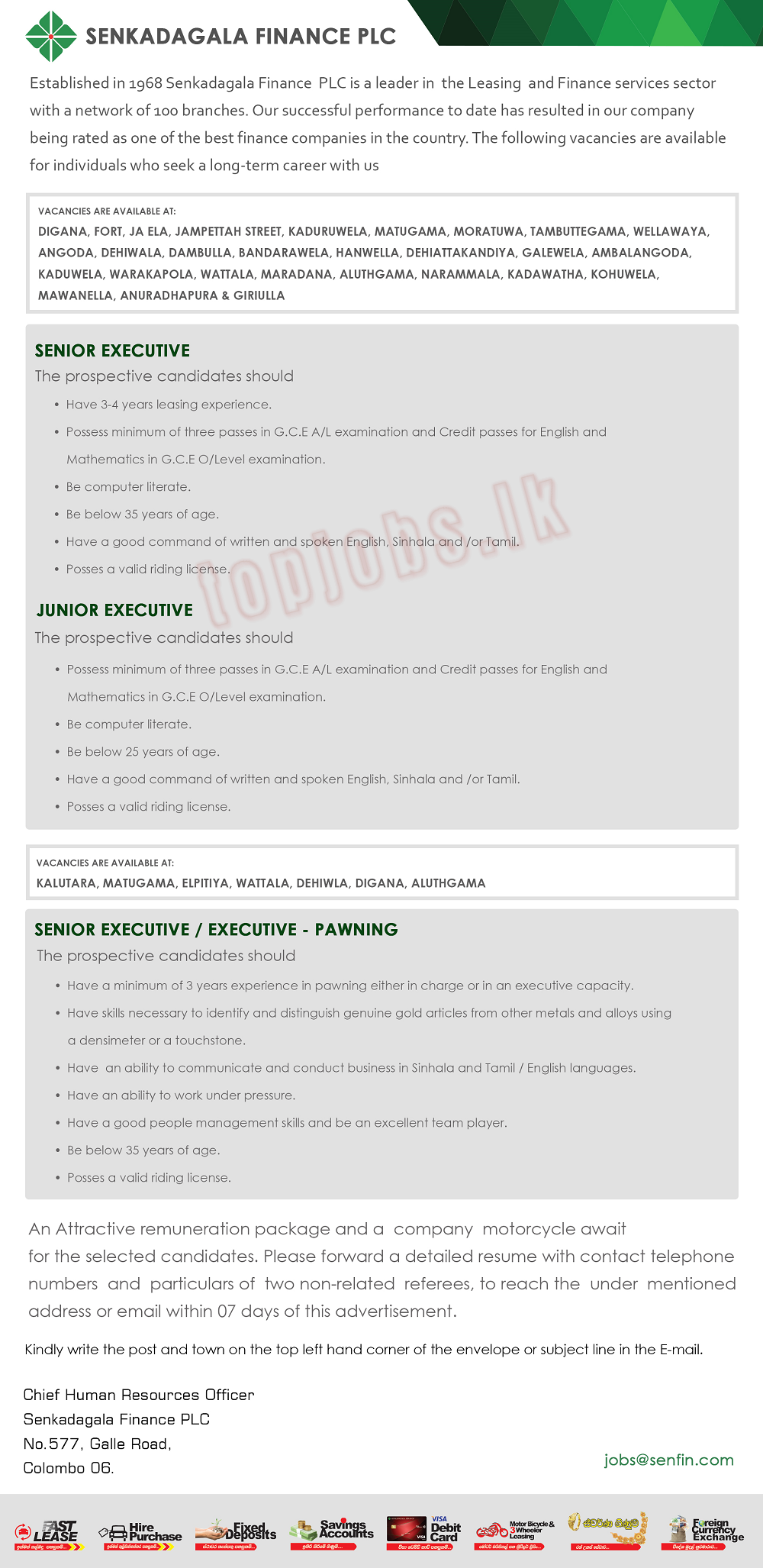 Executives Vacancies 2022 - Senkadagala Finance Jobs Vacancies