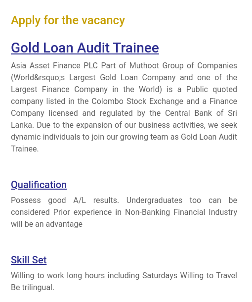 Gold Loan Audit Trainee Vacancies at Kurunegala Asia Asset Finance