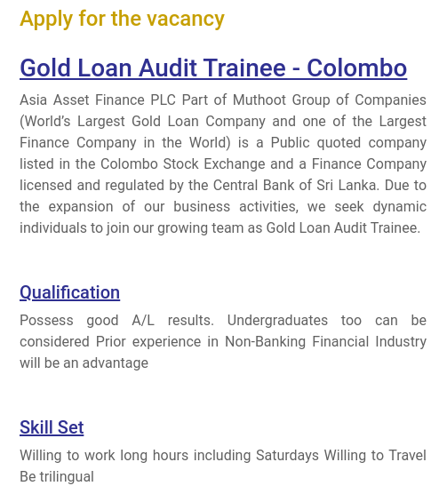 Gold Loan Audit Trainee Vacancy 2022 - Colombo Asia Asset Finance
